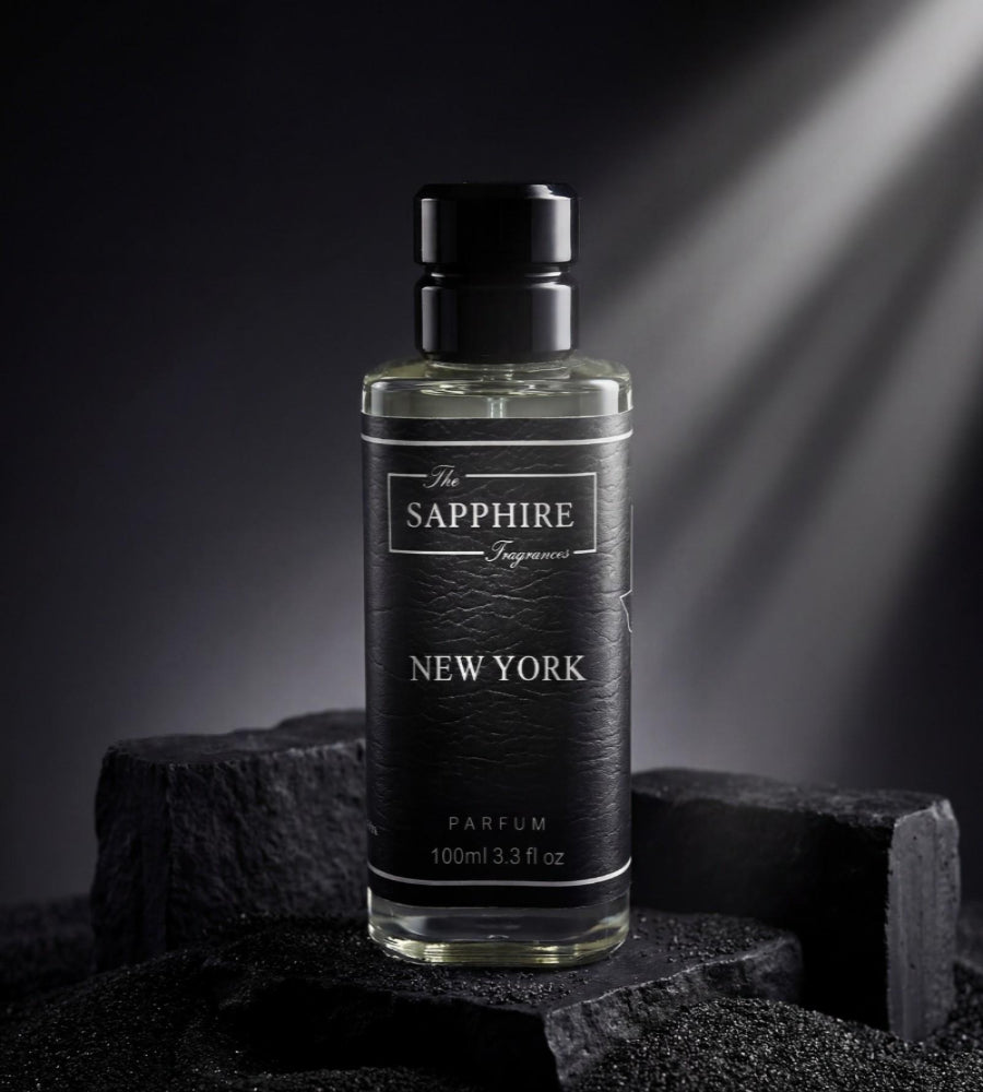 Sapphire Fragrances New York perfume bottle on a dark background