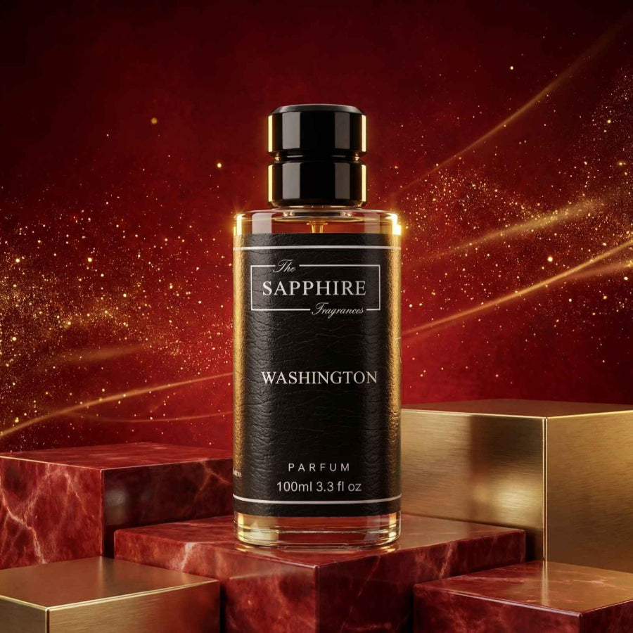 Perfume bottle labeled 'The Sapphire' on a red and gold background